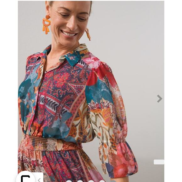 Chico's Tapestry Print Tiered Ruffled Shirt Dress Midi Boho Floral Collared 00 2 - Picture 9 of 10